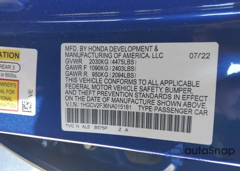2022 Honda Accord Sport 2.0T z USA, uszkodzony, nr VIN 1HGCV2F36NA015181